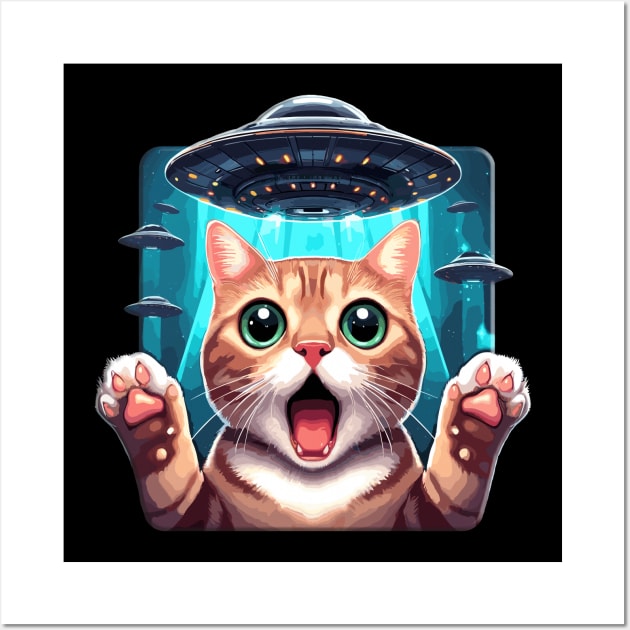 Funny Cat Selfie With UFOs Behind Wall Art by KromADesign